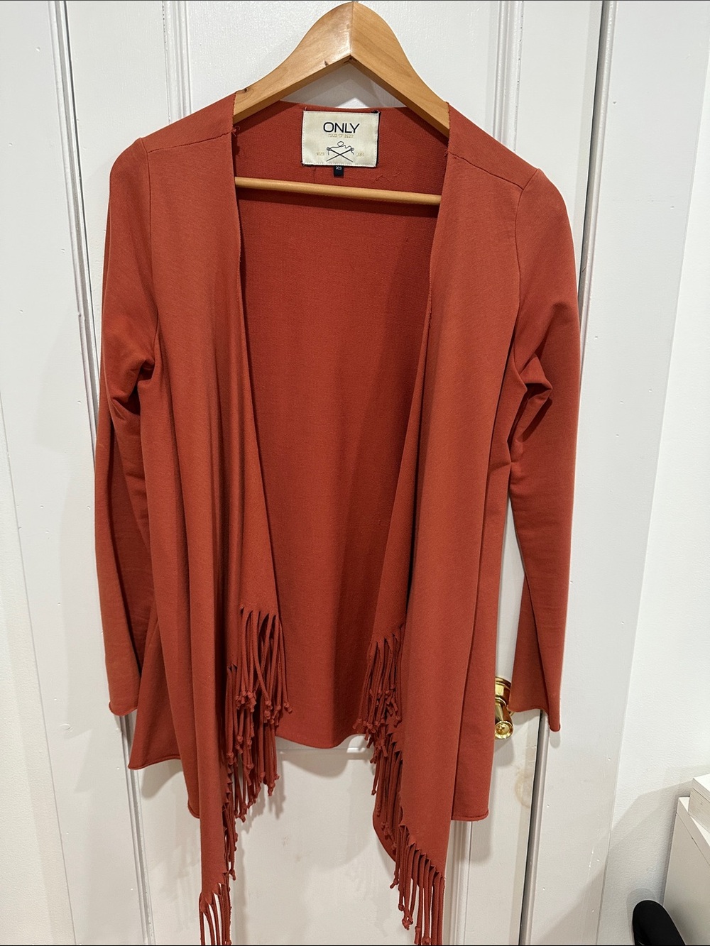 ONLY Rust Open-Front Fringe Knit Cardigan
